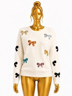Cream Bow-Appliqué Crewneck Sweater